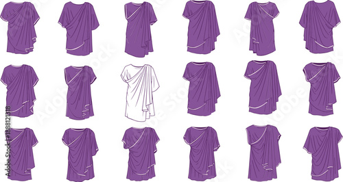 Purple togas in various poses on white background clothing ancient greek