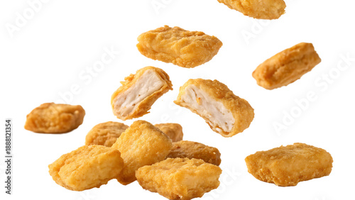 Crispy fried chicken nuggets falling isolated on white background. Cut out on PNG. AI GENERATED.