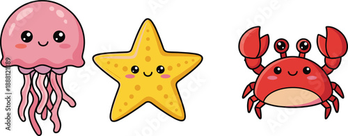 Smiling sea creatures jellyfish starfish crab smiling faces