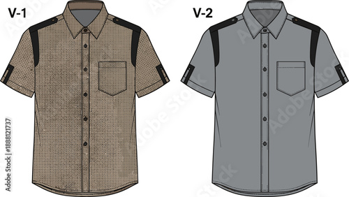 Two short-sleeved shirts with epaulets and pockets military-style shirts shoulder straps