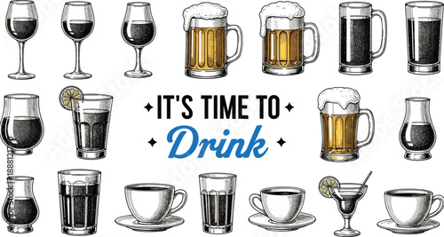 Various alcoholic and non-alcoholic beverages in glasses and mugs wine glasses beer mugs