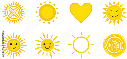 Yellow sun and heart in various styles cartoon sun smiling sun spiral sun