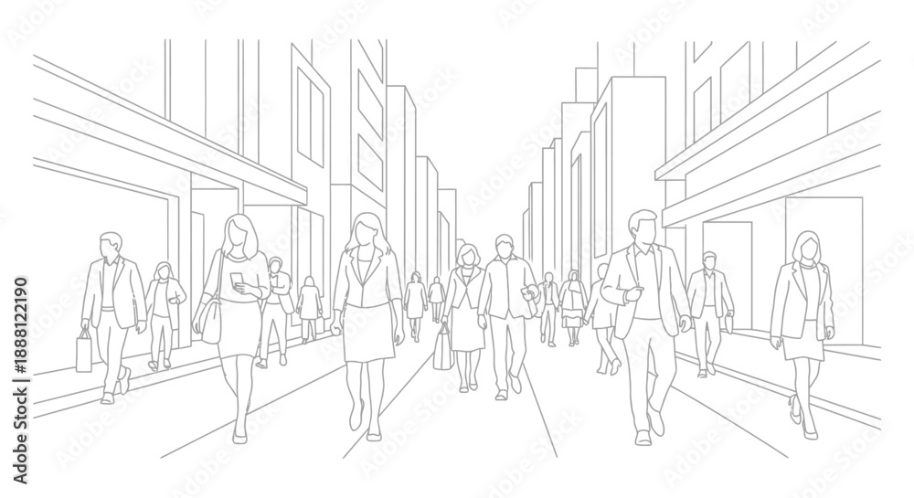 Obraz premium city people walking line art illustration depicting a bustling urban street scene representing modern business and daily downtown life.