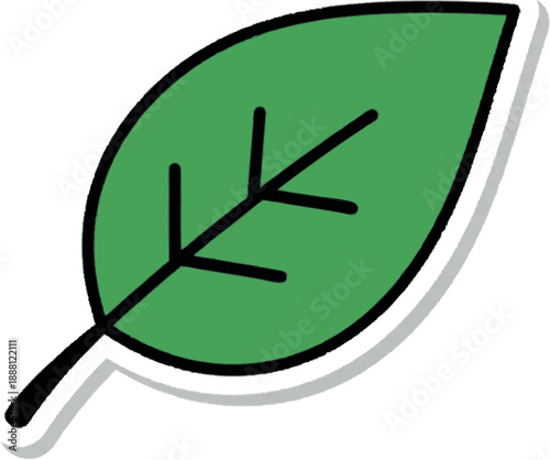 Vibrant single green leaf illustration in a clean, cartoon style, embodying nature's freshness and growth. Ideal for environmental concepts, organic products, or decorative spring designs