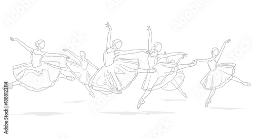 ballet dancers performing elegant and dynamic leaps in a graceful line art illustration for cultural event promotions and artistic design projects.