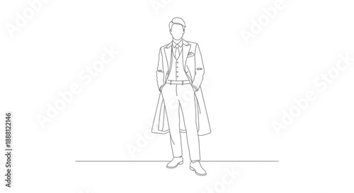 fashionable man in suit and trench coat standing with hands in pockets on white background line art drawing for corporate marketing and branding