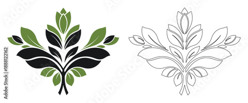 Stylized symmetrical plant motif featuring black and green leaves on stems for decoration