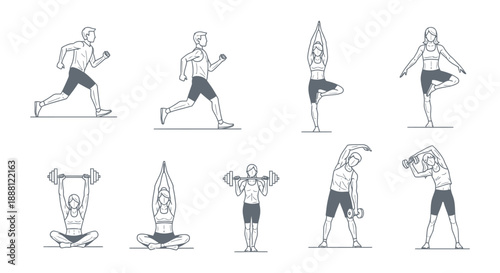 fitness exercise icons depicting men and women doing diverse workouts like running yoga and lifting weights for health wellness and gym designs