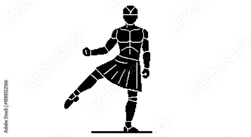 pixel art warrior icon in dynamic high kick stance symbolizing strength discipline training and challenge for retro games fitness apps and sports branding.