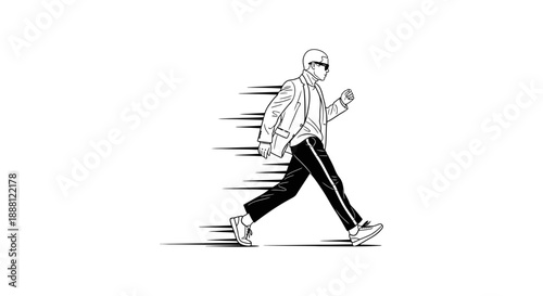 man walking fast in a suit with sunglasses and speed lines depicting business urgency and dynamic urban speed for corporate success
