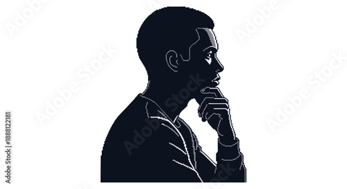 pixel art man thinking a pensive profile silhouette for business strategy problem-solving and digital concept content creation