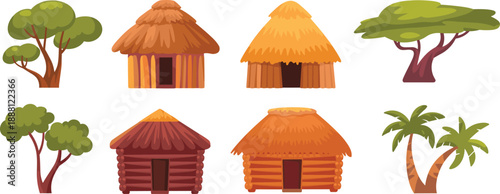 Silhouettes of huts and trees, rural architecture illustration, tribal village design, nature concept, cultural art, traditional housing elements