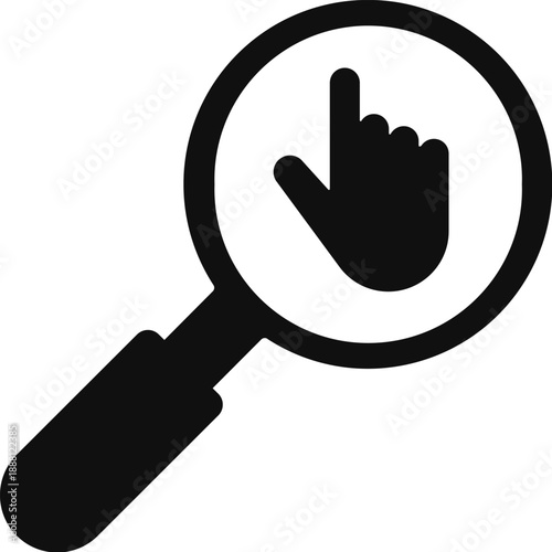 Magnifying glass with hand cursor icon for web browsing or clicking