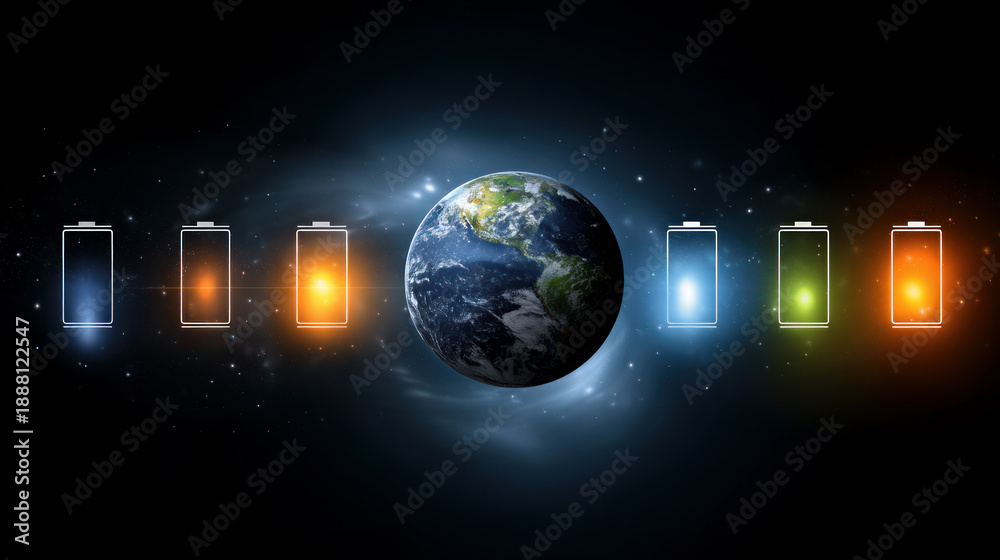 Fototapeta premium Concept image of Earth powered by solar energy and battery icons. Environment and green energy concept, demonstrating sustainable business practices, renewable energy