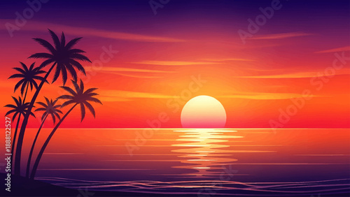 Tropical beach sunset with palm trees and calm ocean waters.