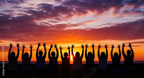 Silhouette of people with raised hands at sunset, diverse group celebrating together at dawn, community and teamwork concept isolated on Transparent Background