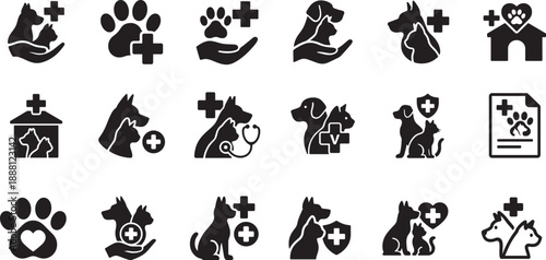 Pets icon set with animal care and vet clinic symbols in clean vector style for pet and veterinary design.