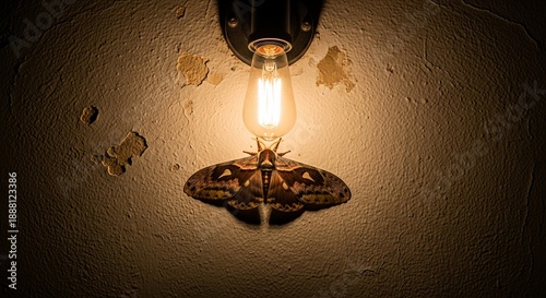Large moth with attracted mood resting near light bulb against textured wall background
