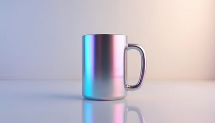 Iridescent metallic mug sits on clean white surface. Shiny chrome cup reflects colorful light. Minimalist design for beverage product or mockups.