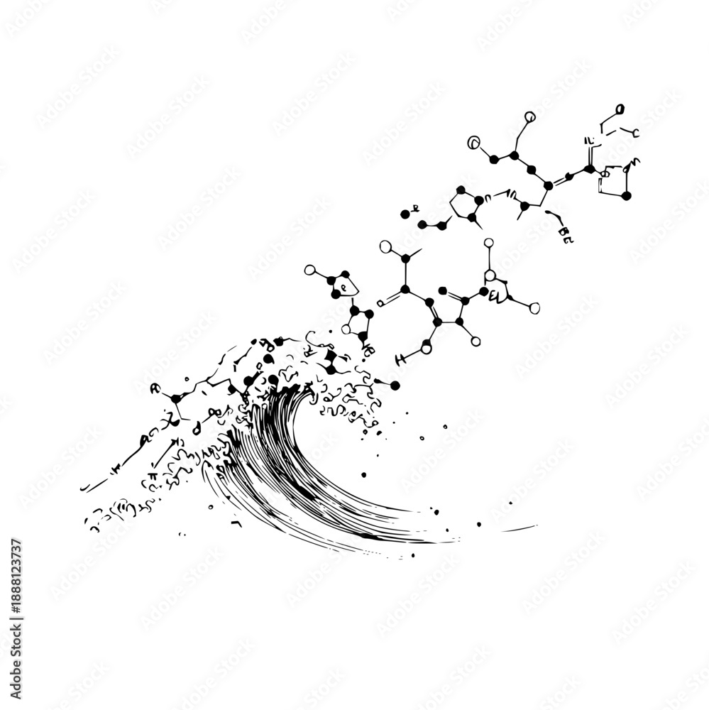 Naklejka premium Illustration of a wave transforming into chemical structures in black and white artistic style