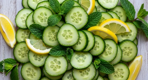 Refreshing cucumber and lemon slices with mint leaves for hydration