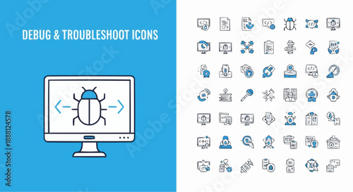 Debug and troubleshoot icons set for software development