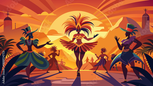 Vibrant carnival celebration under a breathtaking sunset, featuring energetic dancers in traditional costumes amidst a stunning cityscape silhouette, evoking a festive and joyous cultural event