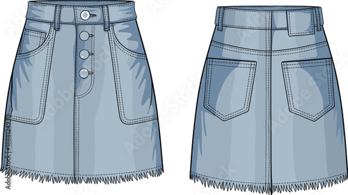 Light blue denim skirt front and back view, button-up design, frayed hemline, fashion sketch, garment illustration, casual wear, apparel detail