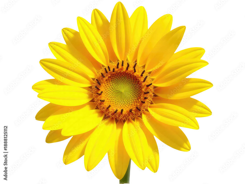 Fototapeta premium A bright and cheerful yellow flower sits on a clean white background, perfect for use in designs where a pop of color is needed