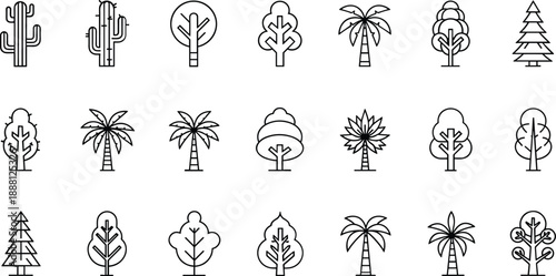 Black and white line of various trees and cacti cactus palm tree pine tree line black and white