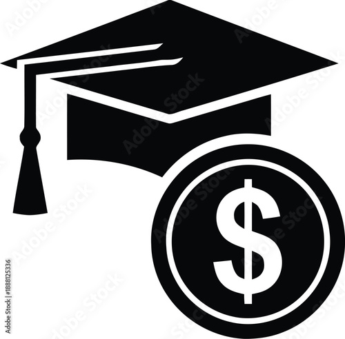 Graduation cap and dollar coin symbol for education cost and financial aid concept. College or university expense illustration on transparent background