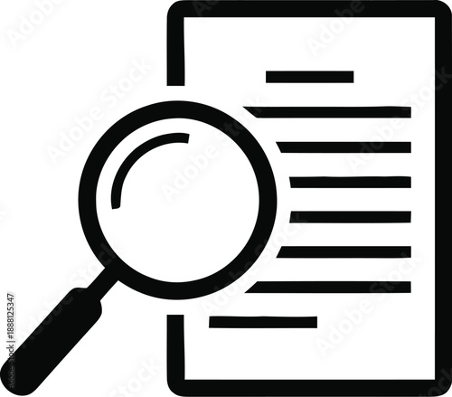 Magnifying glass over document, research and analysis, data inspection, information gathering, finding facts, studying details