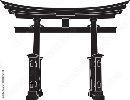 Silhouette of traditional Japanese torii gate with curved crossbars, symbolizing sacred transition and cultural architecture in Shinto shrine entrance on white background.