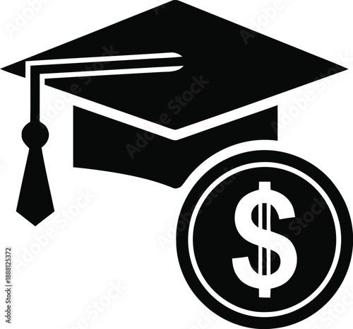 Graduation cap with dollar coin, education costs, university expenses, student loan, financial aid, scholarship, tuition fees