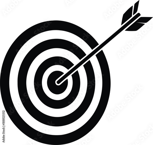 Target with arrow hitting bullseye black glyph icon vector graphic image with transparent background