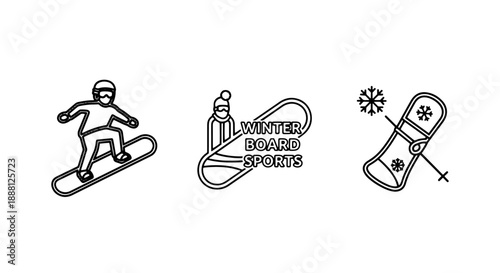 Winter sports icons: snowboarder, text 'Winter Board Sports' within a goggle shape, and a snowboard with snowflakes, embodying winter fun.