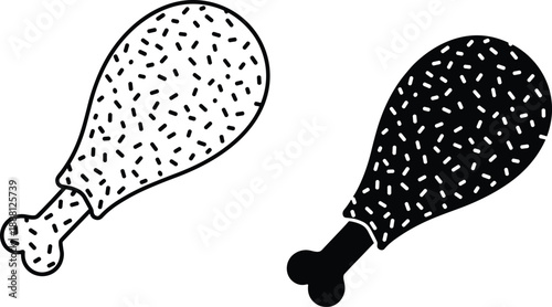 Black And White Vector Illustration Set Of Fried Chicken Drumsticks Featuring Outline and Silhouette Styles With Crispy Texture For Restaurant Fast Food Menu Design