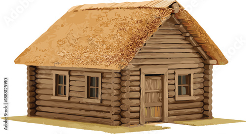 Rustic log cabin silhouette, thatched roof design, traditional wooden house, rural architecture, countryside shelter, nature retreat, vintage home style