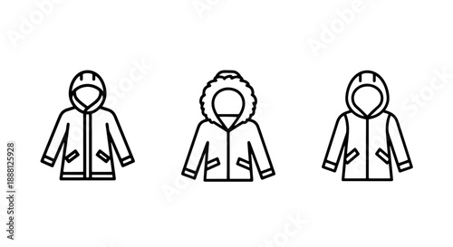 Simple line art icons of three different winter parkas and hooded jackets for cold weather.