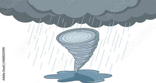Abstract tornado illustration showing funnel cloud under dark storm clouds with heavy rain, extreme weather concept, natural disaster symbol for climate and storm awareness