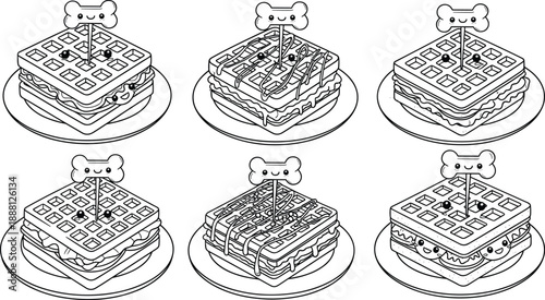 Black And White Vector Illustration Set Of Six Kawaii Waffle Sandwiches Featuring Cute Smiling Faces Sweet Syrups And Bone Shaped Toppers For Menu Design