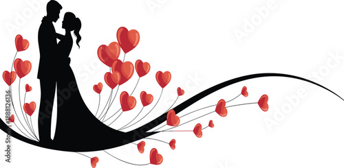 Romantic couple silhouette embracing, surrounded by hearts, love connection, wedding design, Valentine’s theme, romance illustration, eternal bond, affection