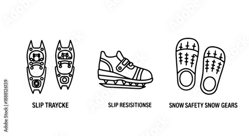 Three icons featuring winter footwear and traction gear: snowshoes, ice cleats for shoes, and a general snow boot icon for safety and winter activities.