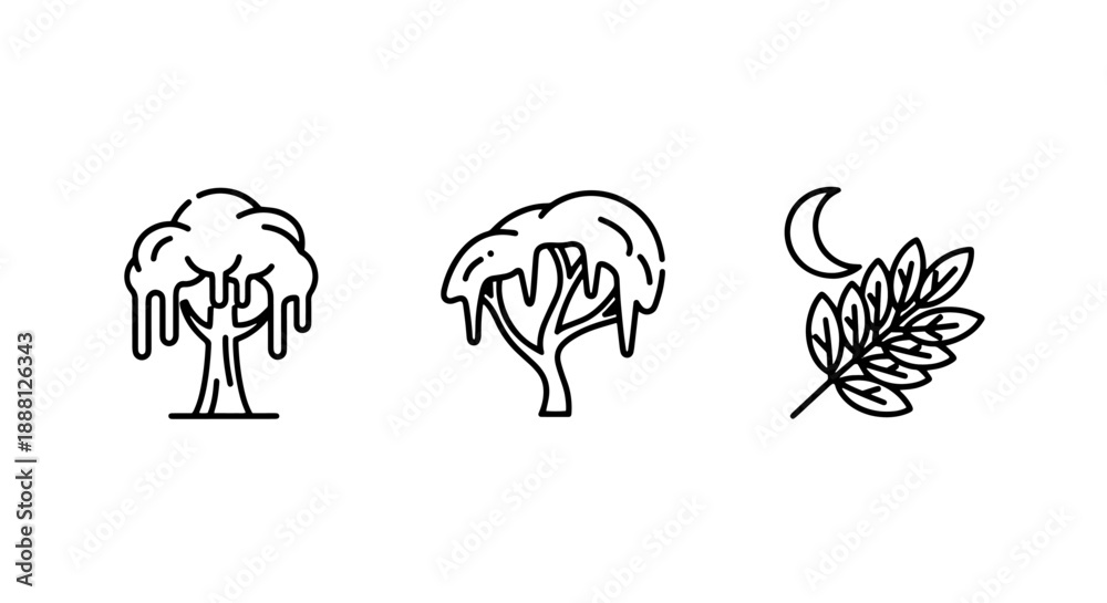 Fototapeta premium Three minimalist line art icons showcasing different stylized trees and a sprig of leaves with a crescent moon, representing nature and growth.