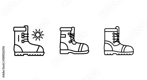 Set of three line art icons of rugged boots, one with a sun and rays, indicating durable footwear for various weather conditions and outdoor activities.