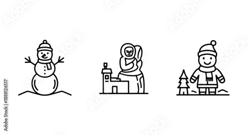 Winter Characters Icon Set: Snowman, Eskimo, and Happy Child in Snow