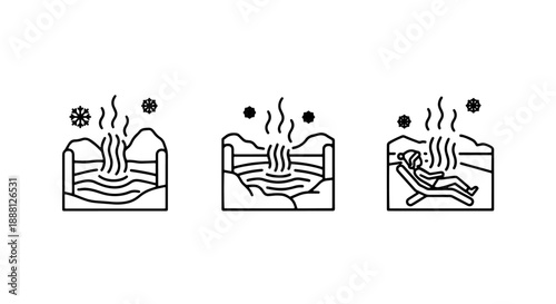 Hot Spring and Relaxation Icon Set: Winter Steam, Snow, and Serenity