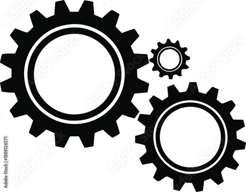 Three black gears interlocked representing connection and mechanical process illustration on transparent background