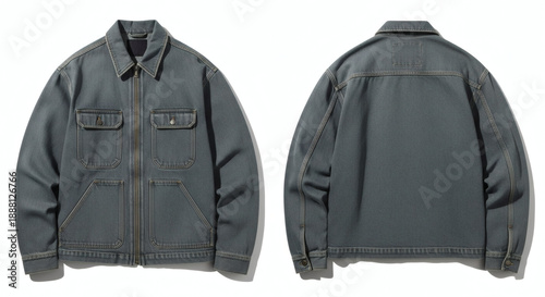Dark gray denim jacket with multiple pockets and zipper closure