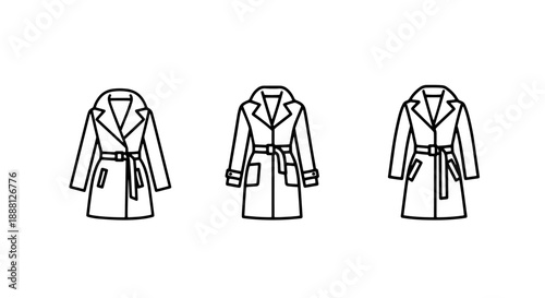 Trench coat icon set representing stylish outerwear for fashion and clothing collections